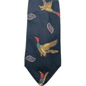 Vintage Retro Men's Black Neck Tie with Flying Duck and Paisley Pattern